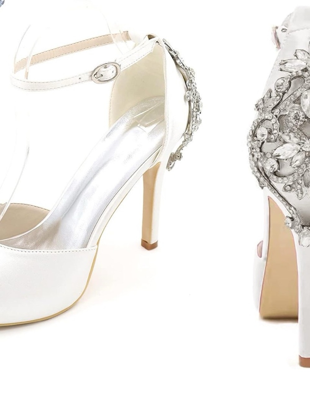 Elegant Women's White Ankle-Strap High Heels with Crystal Embellishment